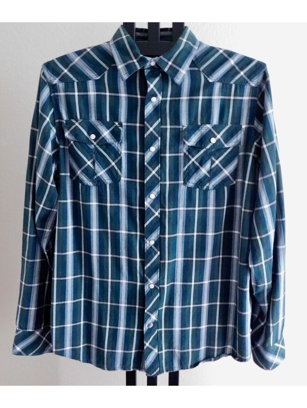 Mountain Khakis Men's L Classic Fit Plaid Western Snap Shirt Blue Green Cotton